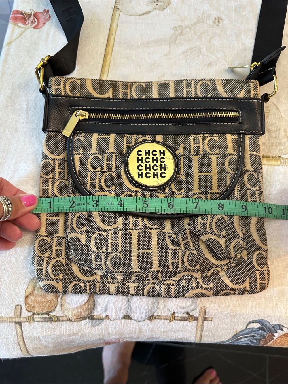 Carolina Herrera Beige and Black CH Logo Crossbody Messenger Bag